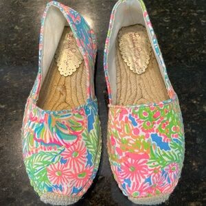 Lilly Pulitzer Lia Lovers Coral Espadrilles flats Sea Spray Blue Pink~SIZE 7~
